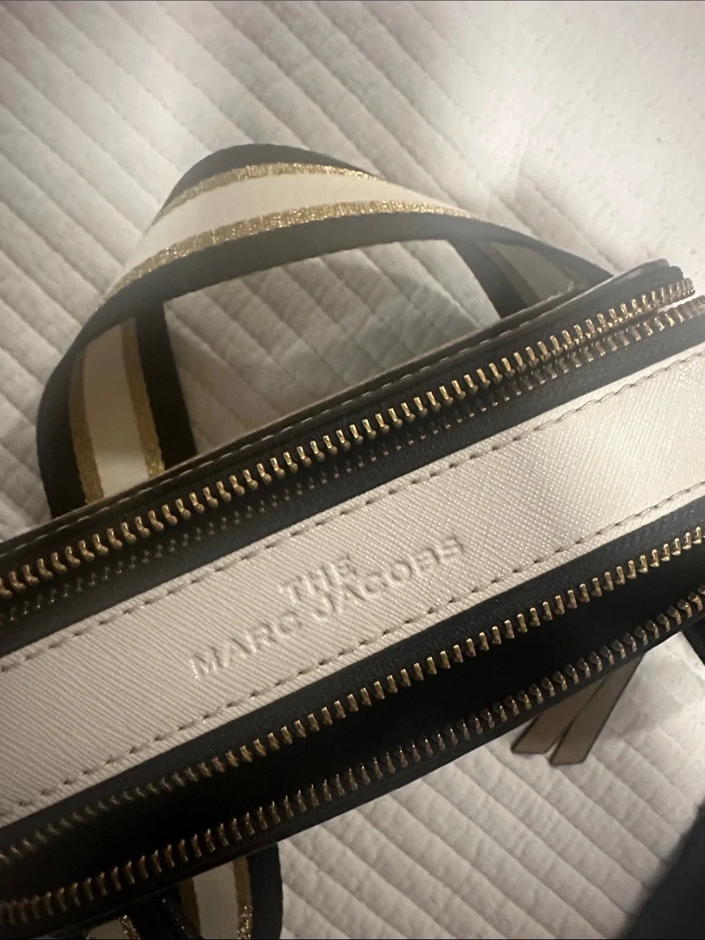 Marc Jacobs Gold Saffiano Camera Crossbody with Striped Strap